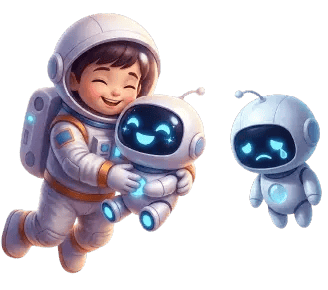 宇宙飛行士に寄り添う 2 体の AI ロボットのイラスト。AI が「それっぽい意味」を量産する状況を表す