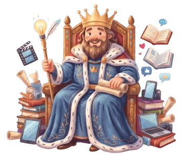 本やデバイスに囲まれて玉座に座る王のイラスト。content is king を表す