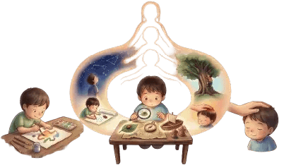 食卓を囲む子どもたちと、その体験が記憶になっていく様子のイラスト。一次情報・原体験を表す