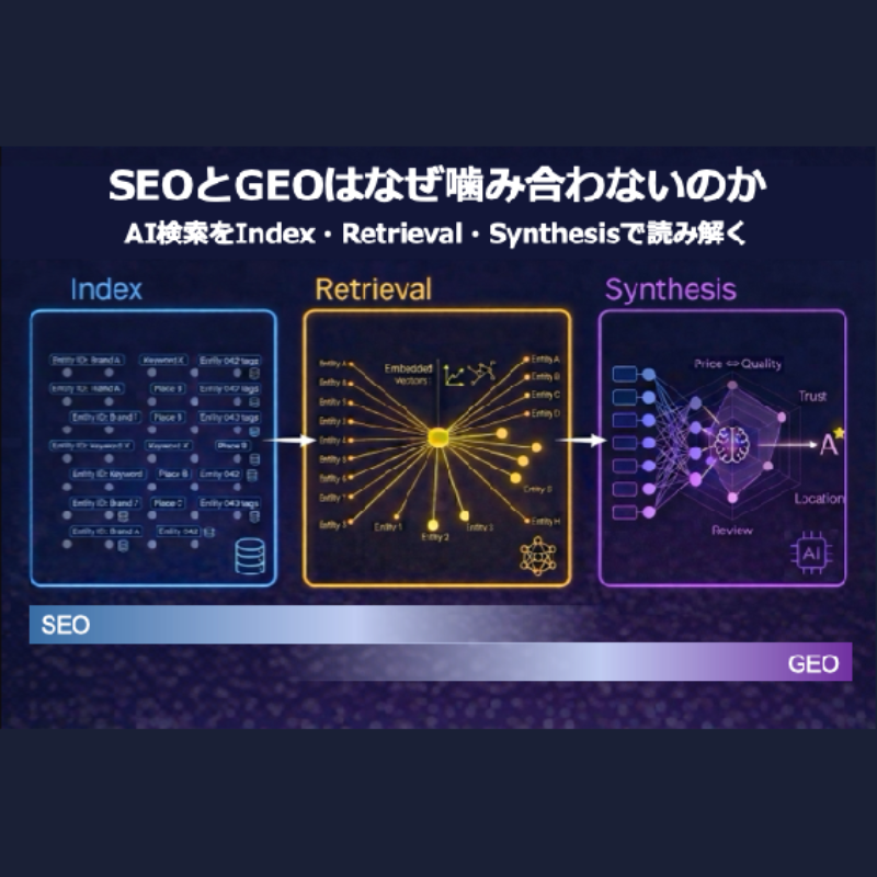 SEOとGEOはなぜ噛み合わないのか？ AI検索をIndex・Retrieval・Synthesisで読み解く